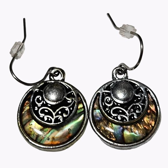 Elegant Abalone Silver Tone Filigree Drop Dangle Earrings Boho Fashion Jewelry - Picture 1 of 5